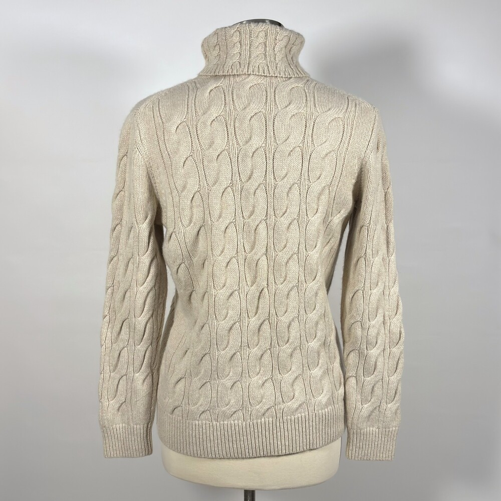 LL Bean Turtleneck Cable Knit Sweater Wool Blend Beige - Large - Picture 3 of 6